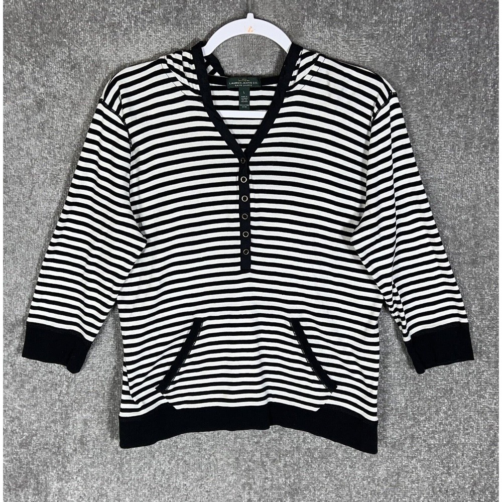 Ralph Lauren Jeans‎ Co 3/4 Sleeve Striped Hooded Henley Top Womens Size Large